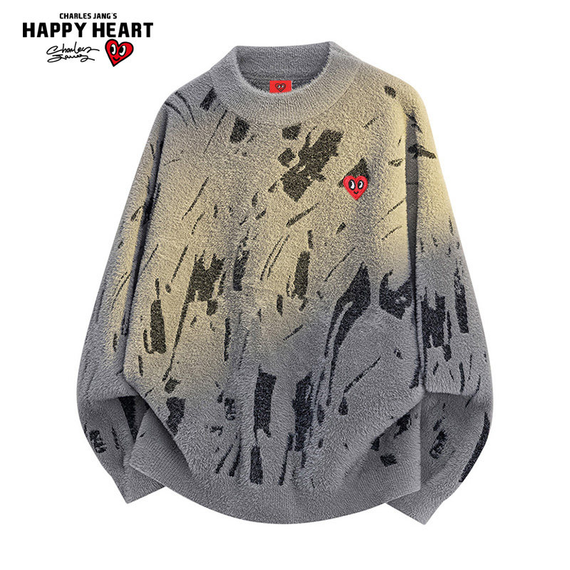 查尔斯桃心 美式撞色毛衣男圆领秋冬季新款百搭仿貂绒情侣针织衫