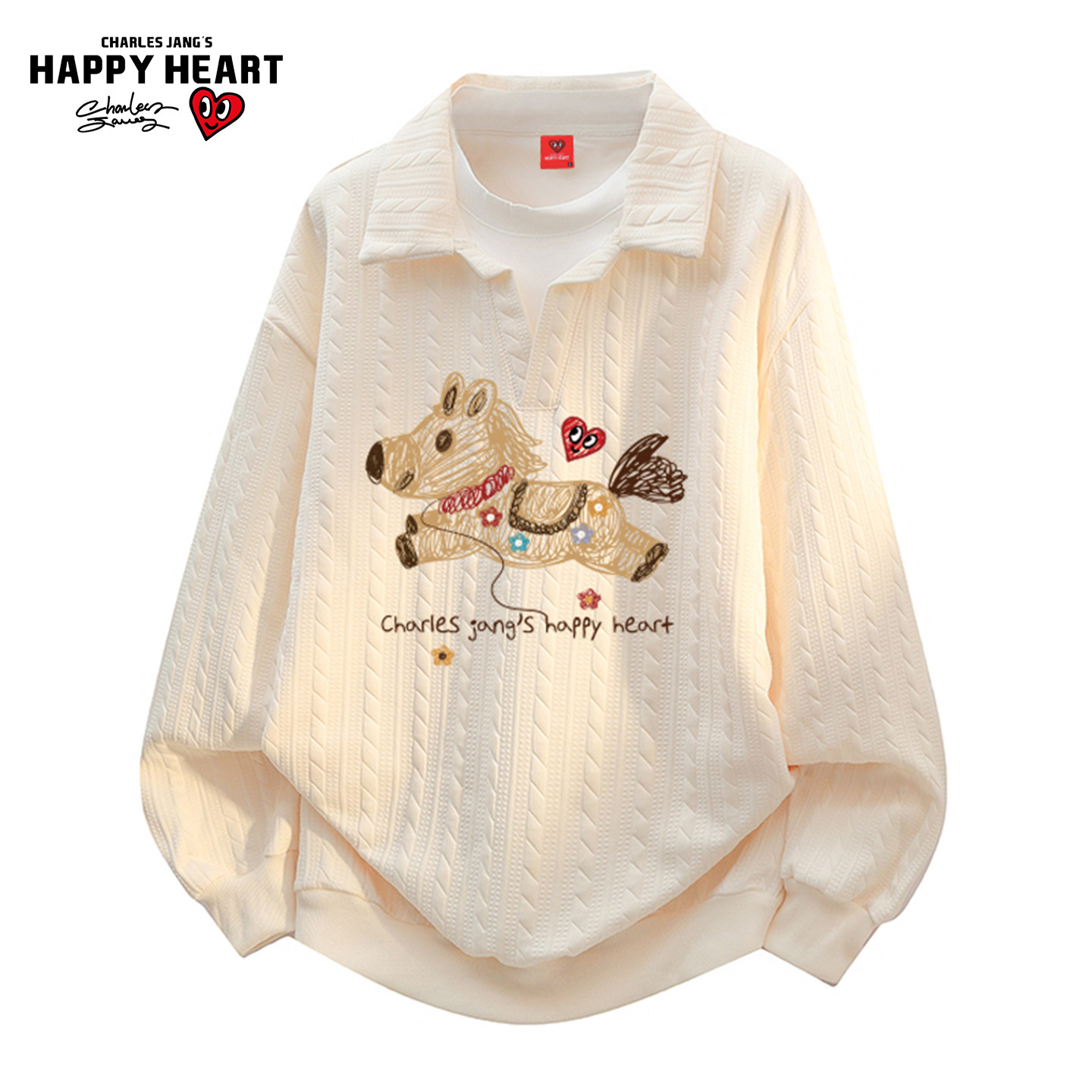 查尔斯桃心小马印花假两件衬衫领卫衣男女春秋季新款情侣休闲衣服