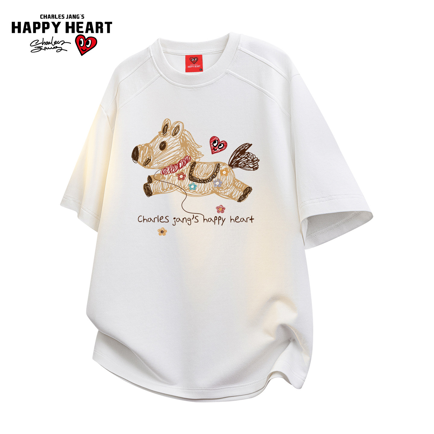 查尔斯桃心美式线条马印花圆领短袖t恤男女夏季2026新款情侣上衣