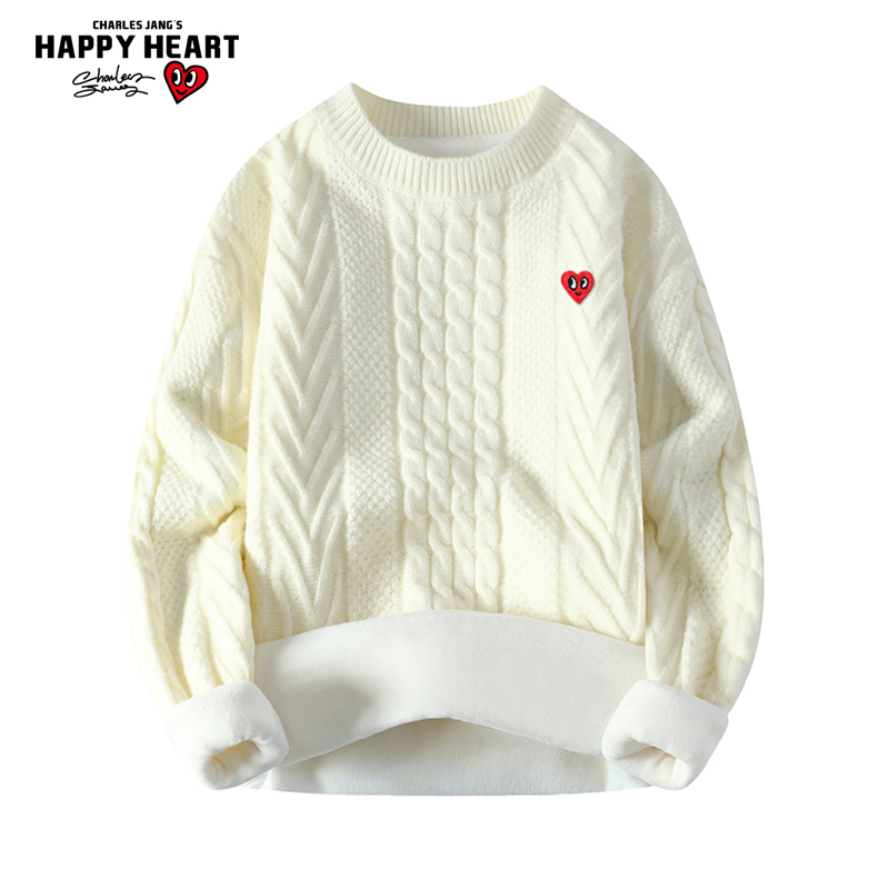 查尔斯桃心慵懒麻花保暖毛衣男女冬季加厚加绒休闲圆领情侣针织衫