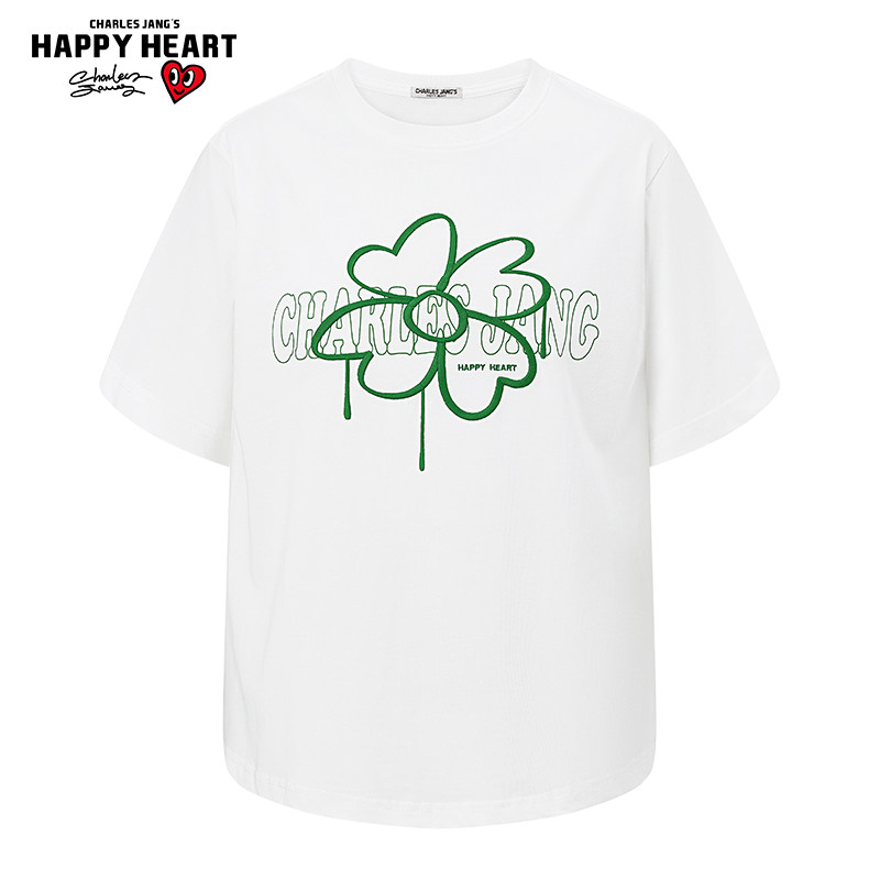 查尔斯桃心 纯棉刺绣花卉短袖T恤男女夏季宽松美式2026新款情侣