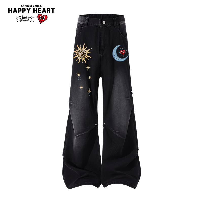 查尔斯桃心 美式日月印花褶皱牛仔裤子男款春秋冬季情侣高街长裤