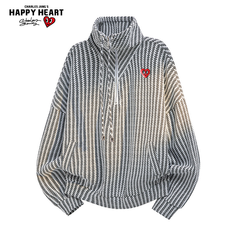 查尔斯桃心 美式小香风半拉链卫衣男春秋冬季鱼骨纹套头休闲外套