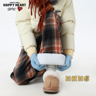 查尔斯桃心格子刺绣休闲裤男冬季加绒加厚美式宽松直筒阔腿长裤子