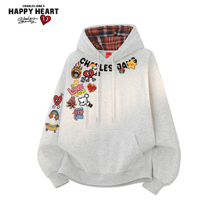 查尔斯桃心格子内衬连帽卫衣男女春秋美式卡通涂鸦宽松情侣外套