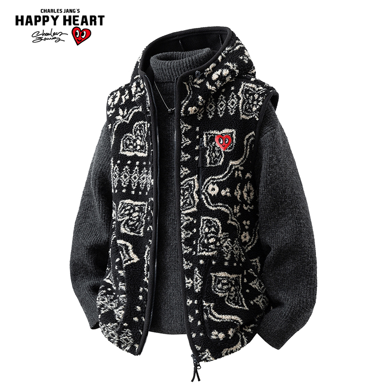 查尔斯桃心 秋冬季复古费尔岛马甲男摇粒绒无袖坎肩连帽情侣外套