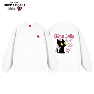 百搭情侣新款 猫咪印花卫衣男春秋季 潮牌圆领卫衣 美式 查尔斯桃心