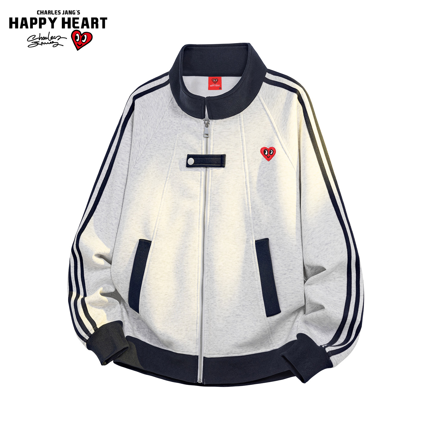 查尔斯桃心美式拼色三条杠开衫卫衣男女春秋冬少年感立领夹克外套