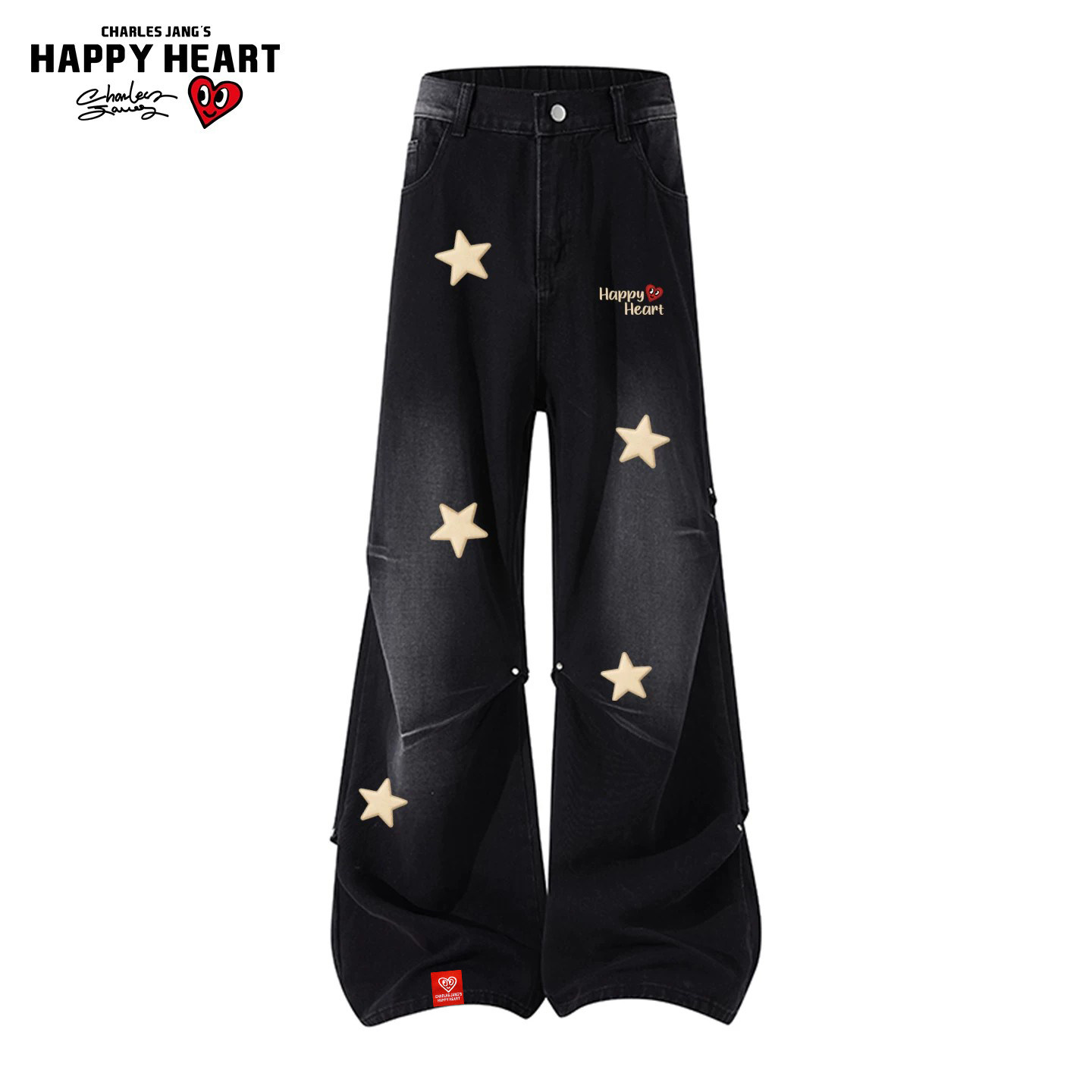 查尔斯桃心 美式星星铆钉褶皱牛仔裤男女款春秋冬季高街直筒长裤