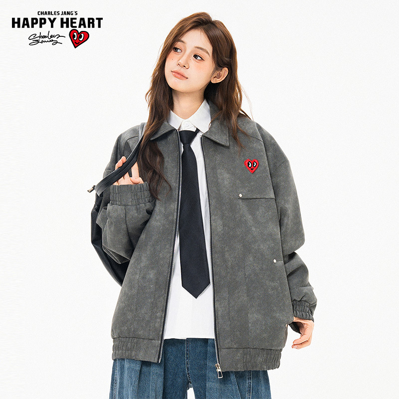 查尔斯桃心扎染机车皮衣夹克男