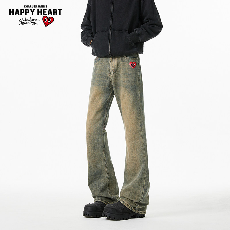 查尔斯桃心 美式cleanfit微喇牛仔裤男春秋冬季高街显瘦直筒长裤