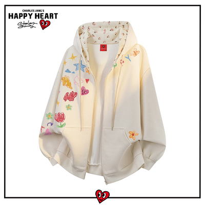 查尔斯桃心卡通涂鸦开衫连帽花卉卫衣男秋季宽松休闲情侣上衣外套