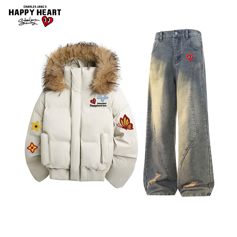 查尔斯桃心PU皮连帽棉衣休闲套装