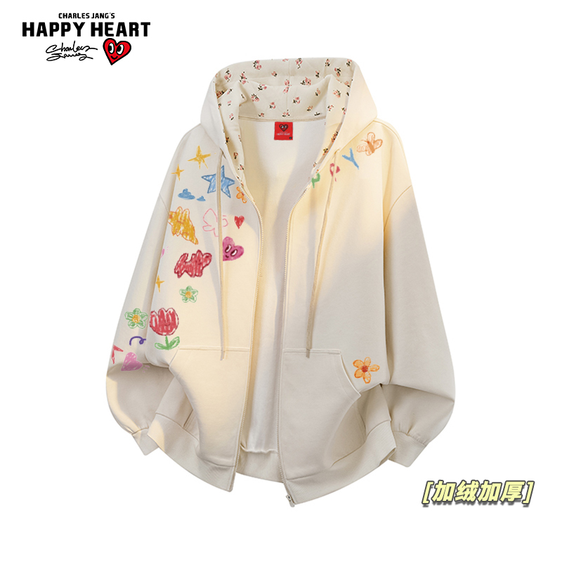查尔斯桃心卡通花卉开衫连帽加厚加绒卫衣男