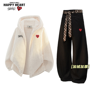 保暖连帽棉服加绒加厚直筒长裤 新款 子 男女冬季 查尔斯桃心休闲套装