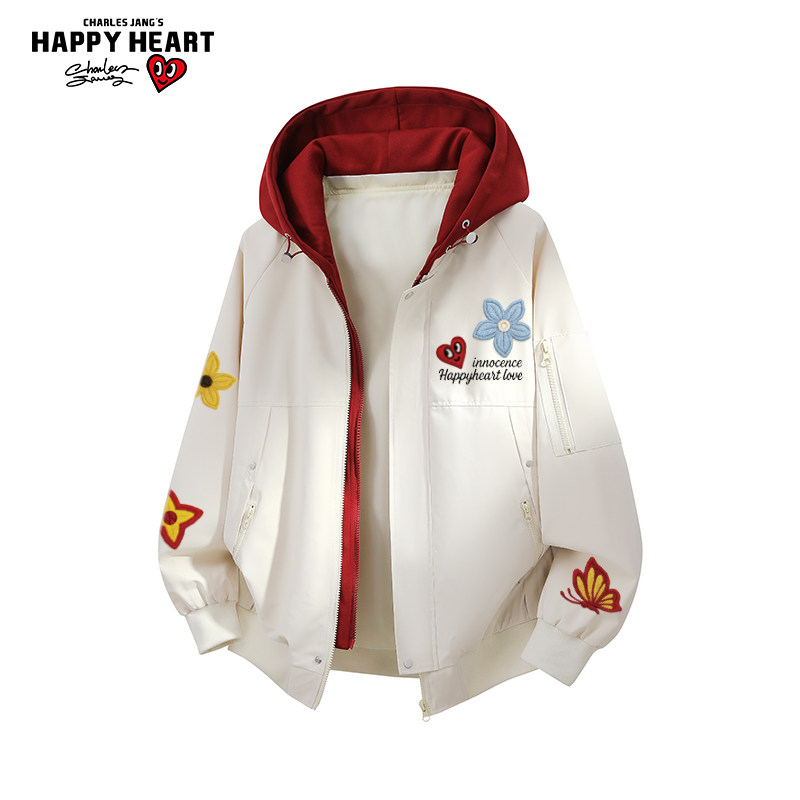 查尔斯桃心蝴蝶花卉印花休闲连帽外套男女春秋季2026新款潮牌夹克