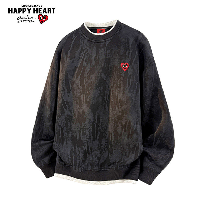 查尔斯桃心假两件扎染卫衣男圆领春秋季复古新款潮牌套头情侣上衣