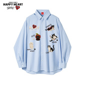 查尔斯桃心日系长袖 休闲慵懒男女同款 条纹衬衫 卡通猫咪印花春秋季