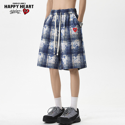 查尔斯桃心 格子涂鸦满印休闲短裤男女夏季薄款美式直筒五分裤