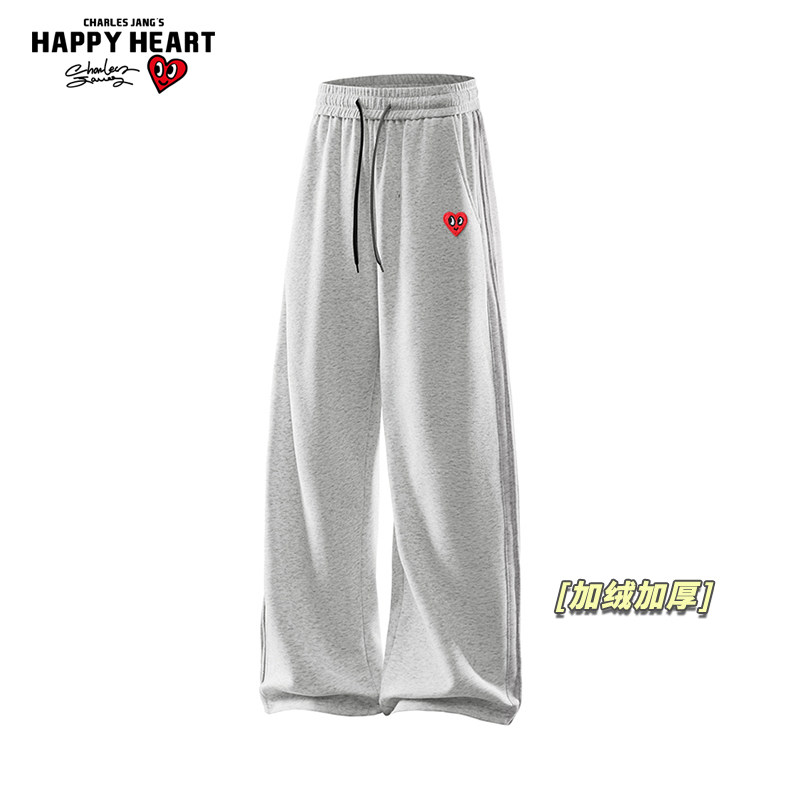 查尔斯桃心加绒加厚运动卫裤男女冬季新款宽松直筒休闲情侣长裤子