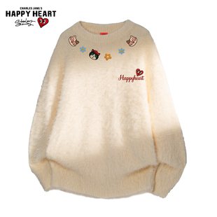 查尔斯桃心仿貂绒毛衣男圆领冬季新款项链印花潮牌慵懒情侣针织衫