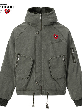 查尔斯桃心美式工装连帽多口袋棉衣男女冬季加厚保暖复古棉服外套