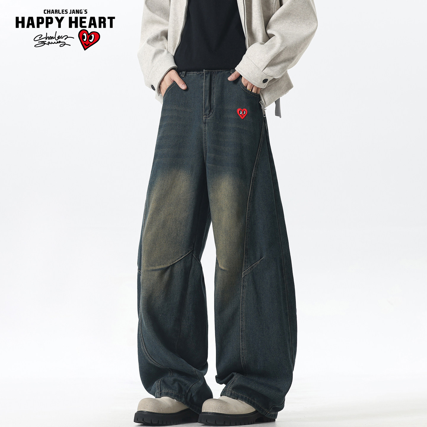 查尔斯桃心美式复古做旧牛仔裤男春秋季新款宽松阔腿直筒休闲长裤,男装,牛仔裤,淘宝优惠券,粉丝福利购,淘宝优惠卷