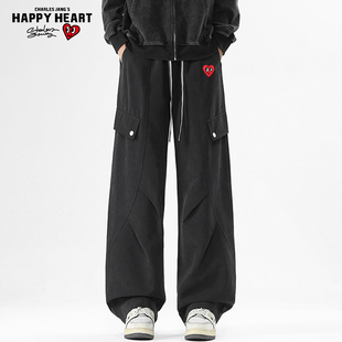 查尔斯桃心美式工装伞兵裤男春秋季户外宽松黑色直筒阔腿休闲裤子