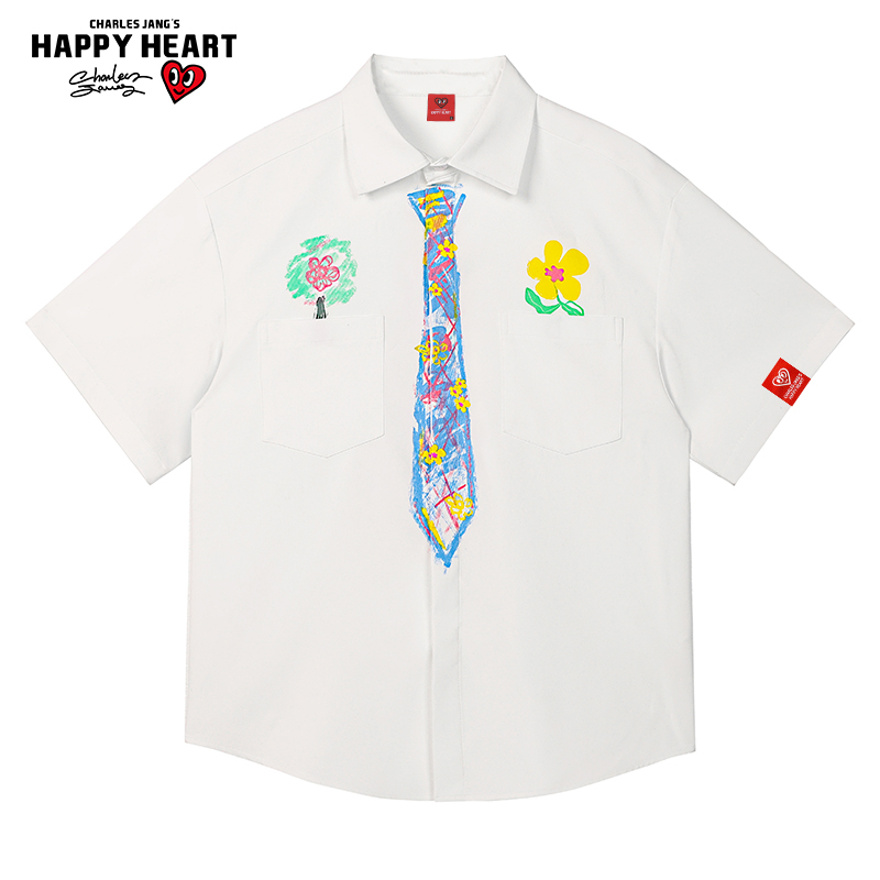 查尔斯桃心 美式复古花卉涂鸦领带印花2025新款Polo领短袖衬衫男