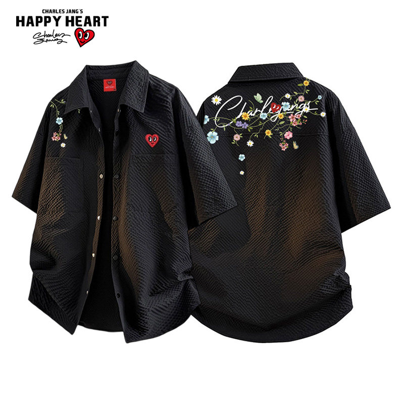 查尔斯桃心 2026年夏季花卉手写字母印花防紫外线短袖衬衫外套男