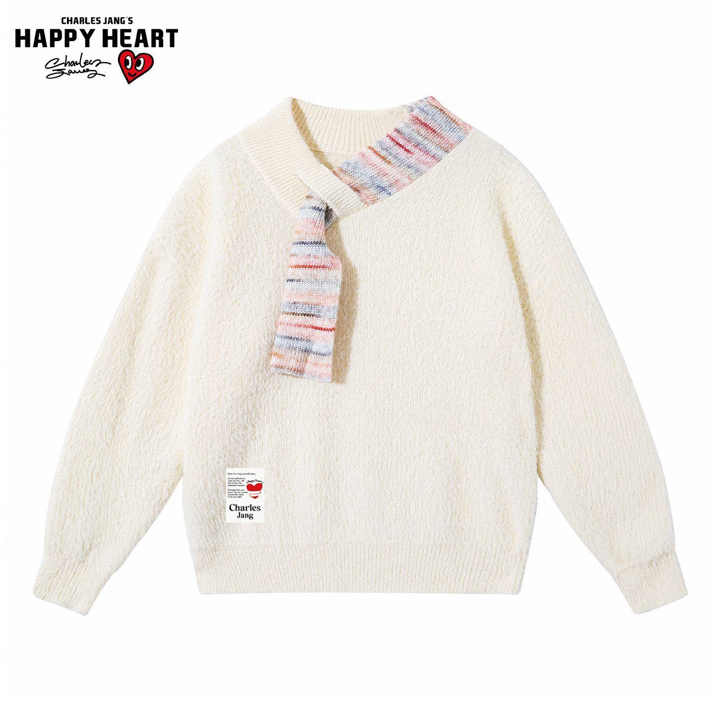 查尔斯桃心圣诞慵懒拼接围脖针织衫上衣男女冬季保暖长袖情侣毛衣