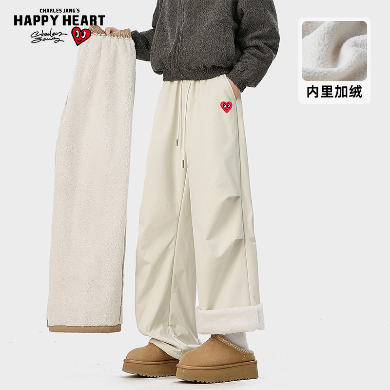 查尔斯桃心 户外防风加绒直筒休闲裤男女冬季加厚保暖冲锋长裤子
