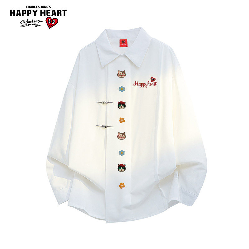 查尔斯桃心小猫印花长袖衬衫男女春秋季2026新款休闲百搭衬衣外套