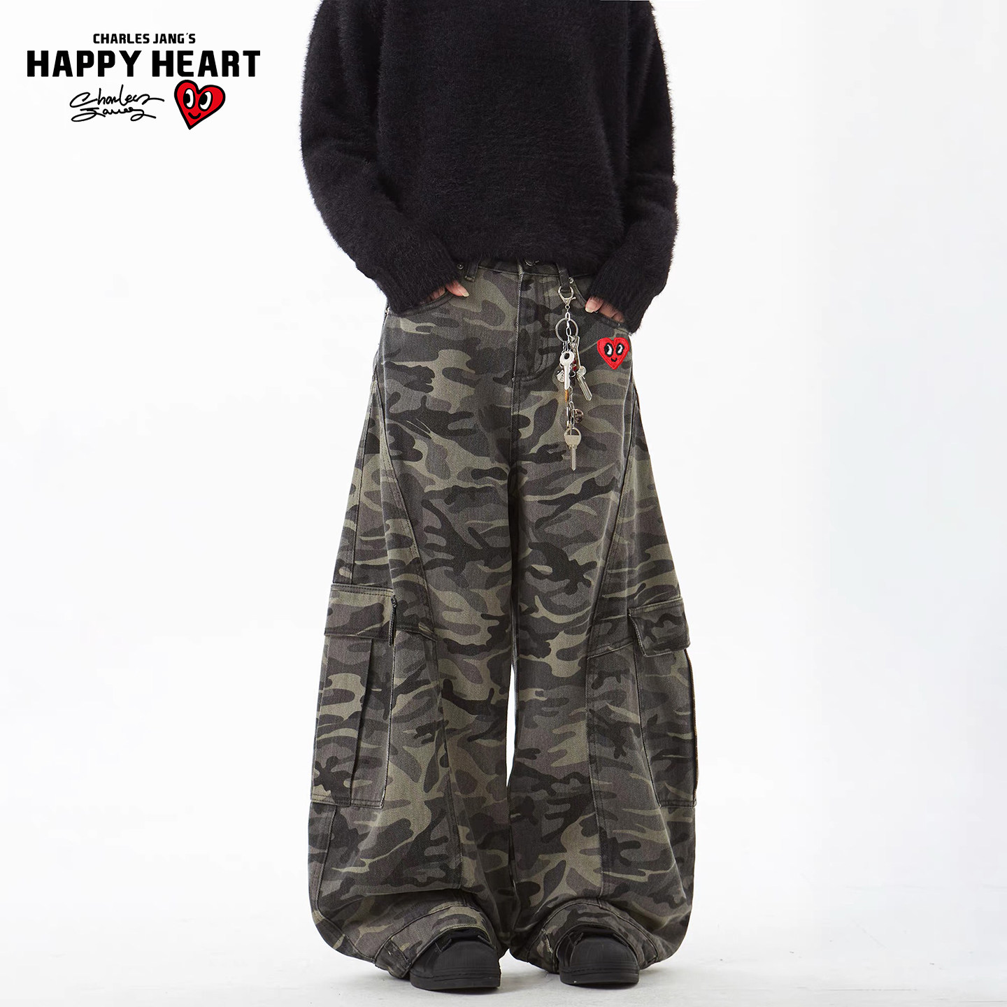 查尔斯桃心多口袋迷彩弯刀裤春秋宽松直筒高级感百搭水洗牛仔裤男,男装,牛仔裤,淘宝优惠券,粉丝福利购,淘宝优惠卷