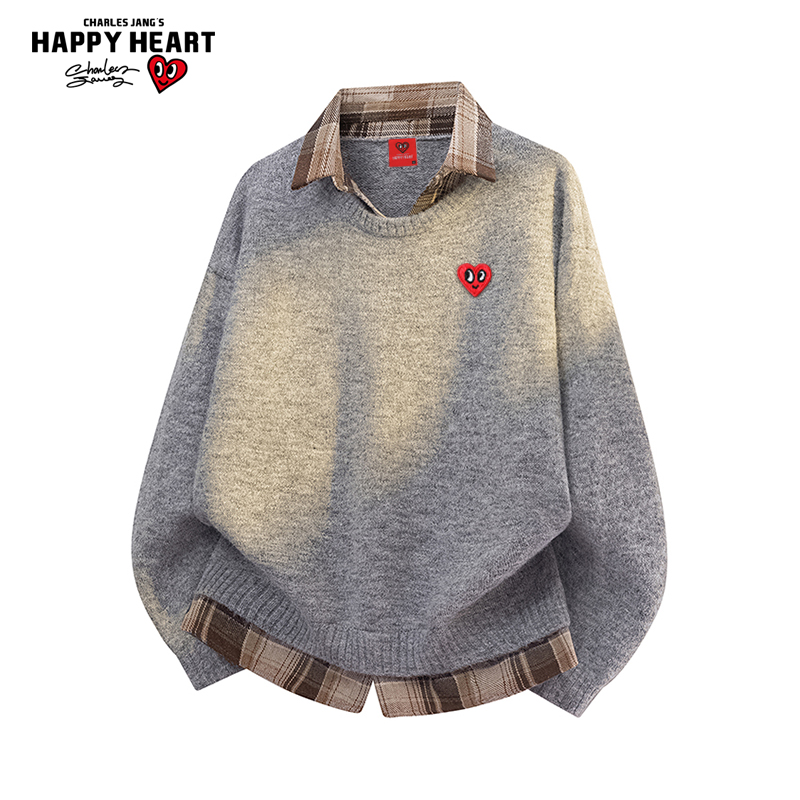 查尔斯桃心复古假两件格子衬衫领针织衫毛衣男秋冬季宽松休闲上衣