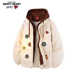 查尔斯桃心美式假两件连帽羽绒服男冬季新款宽松休闲潮牌外套情侣