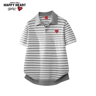 查尔斯桃心短袖条纹polo衫男女夏季2026新款宽松休闲情侣潮流上衣