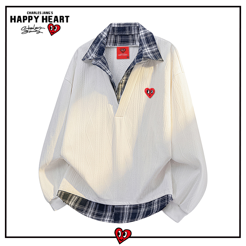 查尔斯桃心假两件格子衬衫领卫衣男春秋季宽松潮流拼接设计上衣服