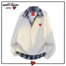 查尔斯桃心假两件格子衬衫 宽松潮流拼接设计上衣服 领卫衣男春秋季