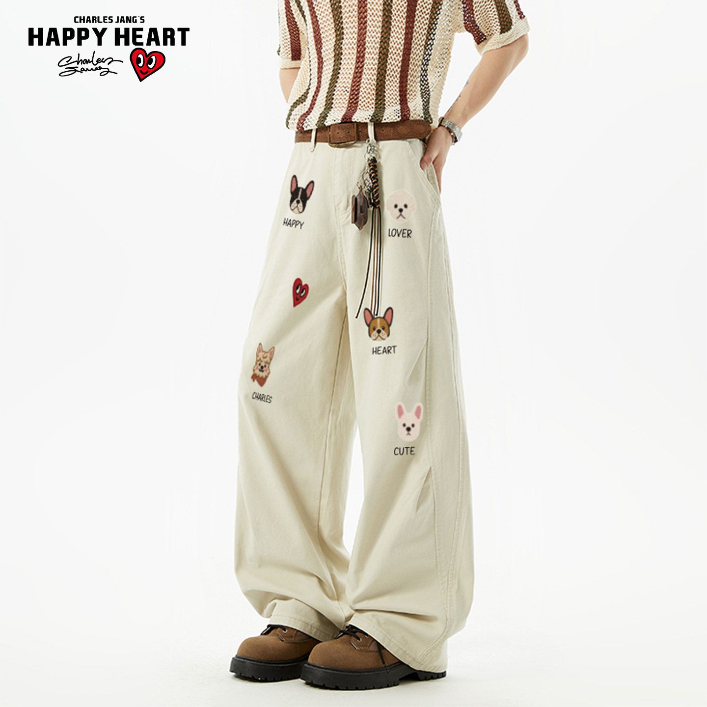 查尔斯桃心美式拼接弯刀裤子男款春秋季宽松直筒阔腿工装休闲长裤