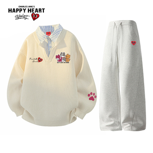 运动套装 休闲裤 假两件衬衫 新款 两件套 领卫衣男春秋季 查尔斯桃心