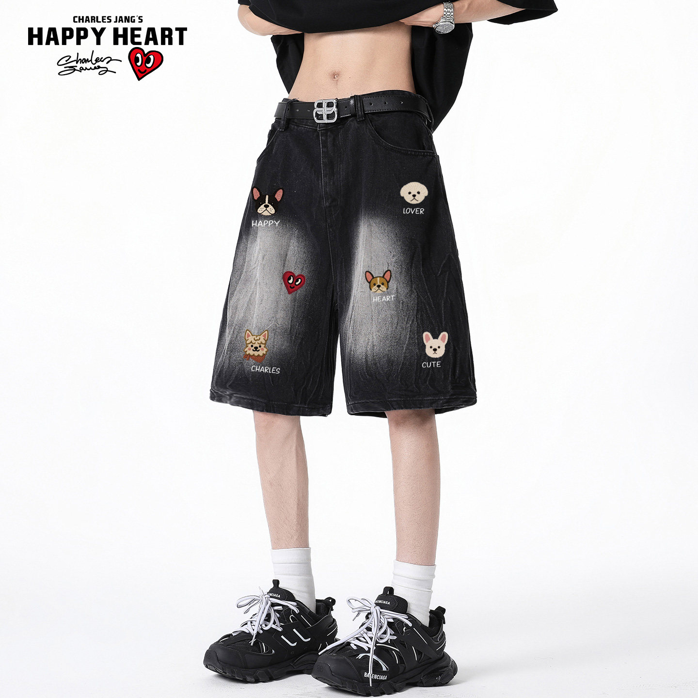 查尔斯桃心卡通印花牛仔短裤男女春夏季潮宽松潮牌情侣休闲五分裤