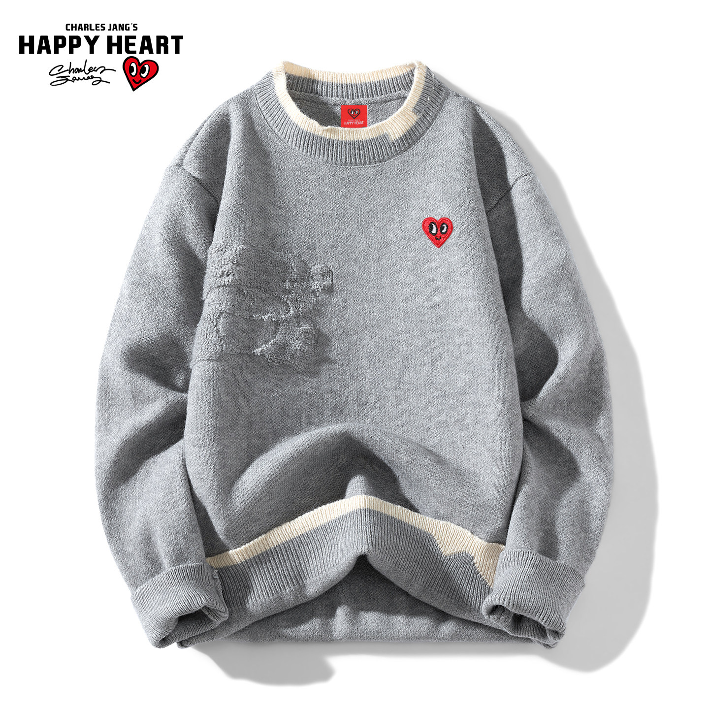 查尔斯桃心美式假两件圆领毛衣男冬季撞色拼接爱心刺绣针织衫上衣,男装,针织衫/毛衣,淘宝优惠券,粉丝福利购,淘宝优惠卷