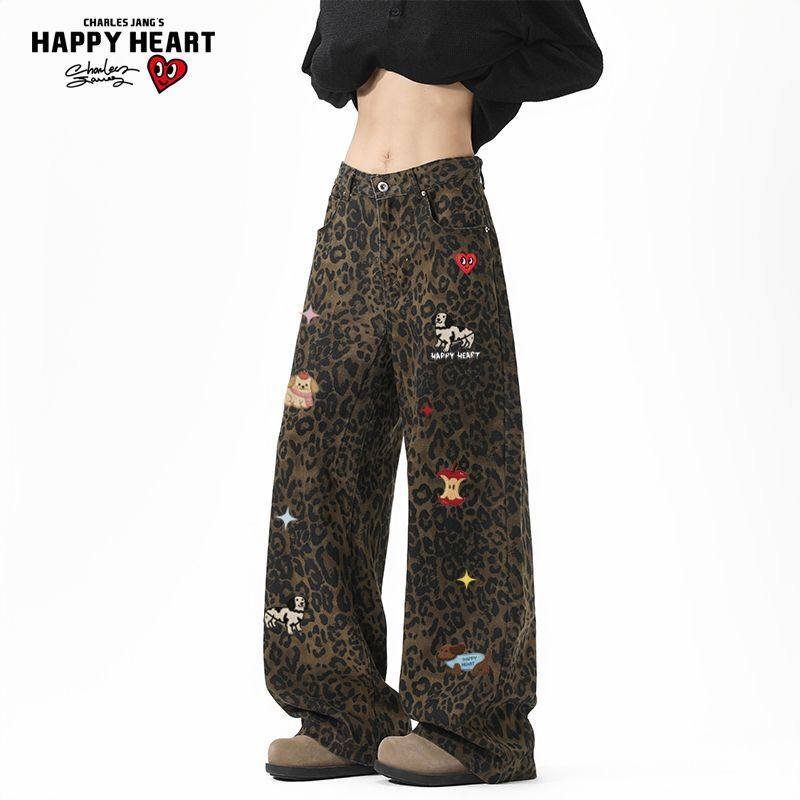 查尔斯桃心趣味小狗豹纹牛仔裤男女春秋季百搭直筒潮牌休闲长裤子