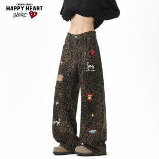 查尔斯桃心趣味小狗豹纹牛仔裤男女春秋季百搭直筒潮牌休闲长裤子
