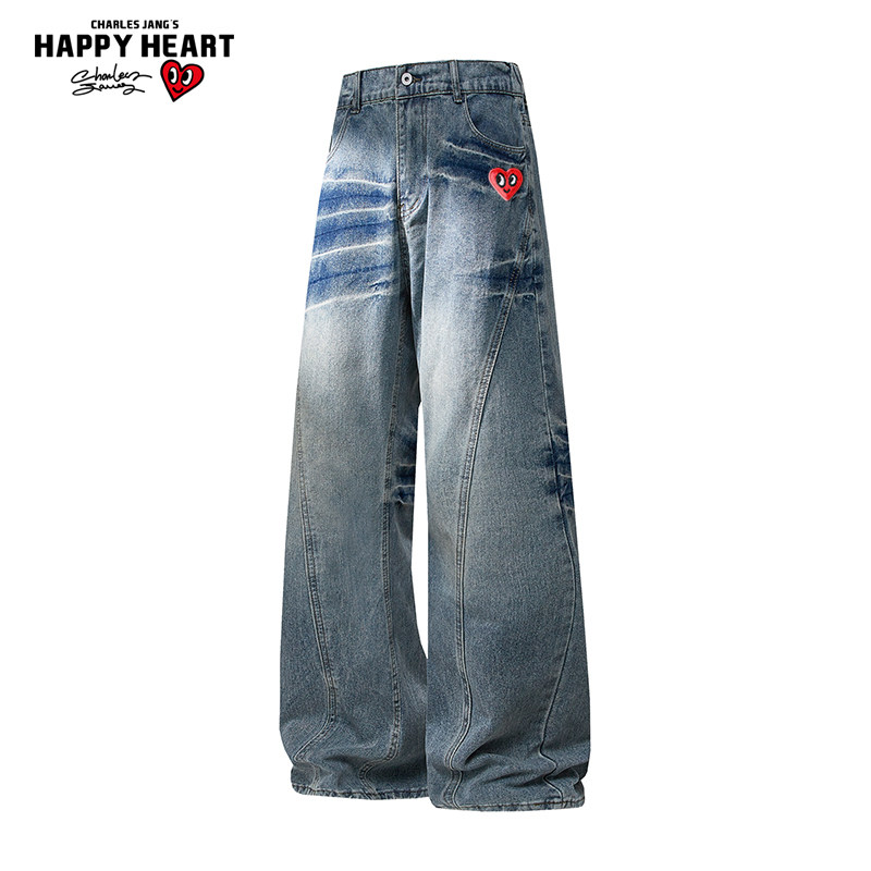 查尔斯桃心 美式复古闪电纹微喇牛仔长裤男宽松直筒休闲水洗阔腿