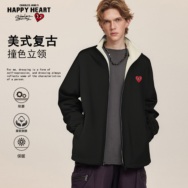 查尔斯桃心拼色复古立领夹克外套