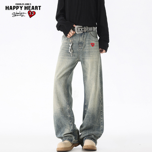 查尔斯桃心渐变微喇牛仔裤男款春秋季潮流高街直筒vibe休闲长裤子