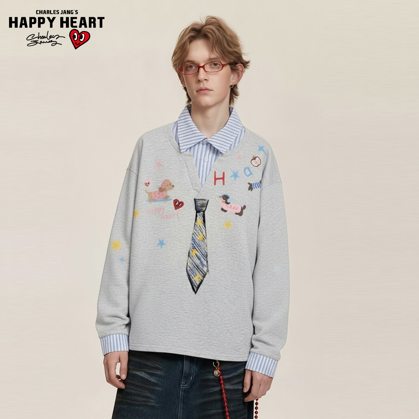 查尔斯桃心涂鸦领带假两件衬衫领长袖卫衣男女秋冬季情侣休闲上衣
