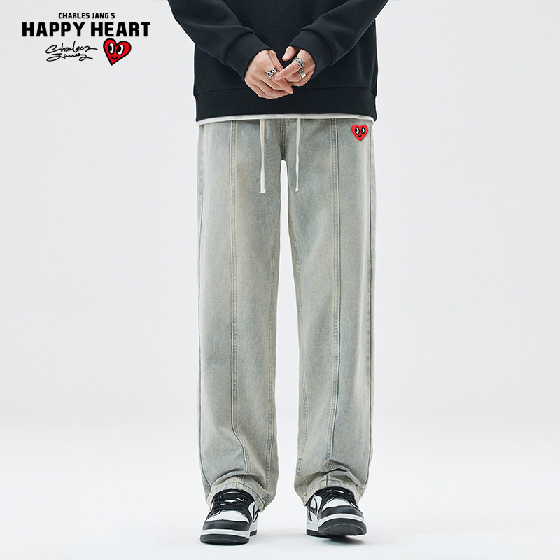 查尔斯桃心 水洗牛仔裤男冬季2025新款加绒加厚宽松直筒阔腿长裤